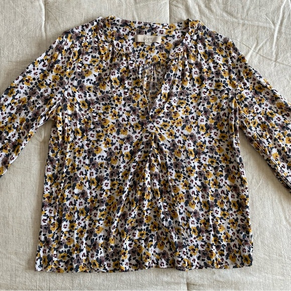 Loft V Neck Floral Long Sleeve Blouse Fall Work Top Yellow White Purple Madewell - Picture 2 of 8